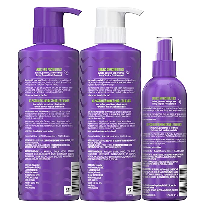 Aussie Kids Shampoo, Conditioner, and Detangler Bundle, Sulfate Free