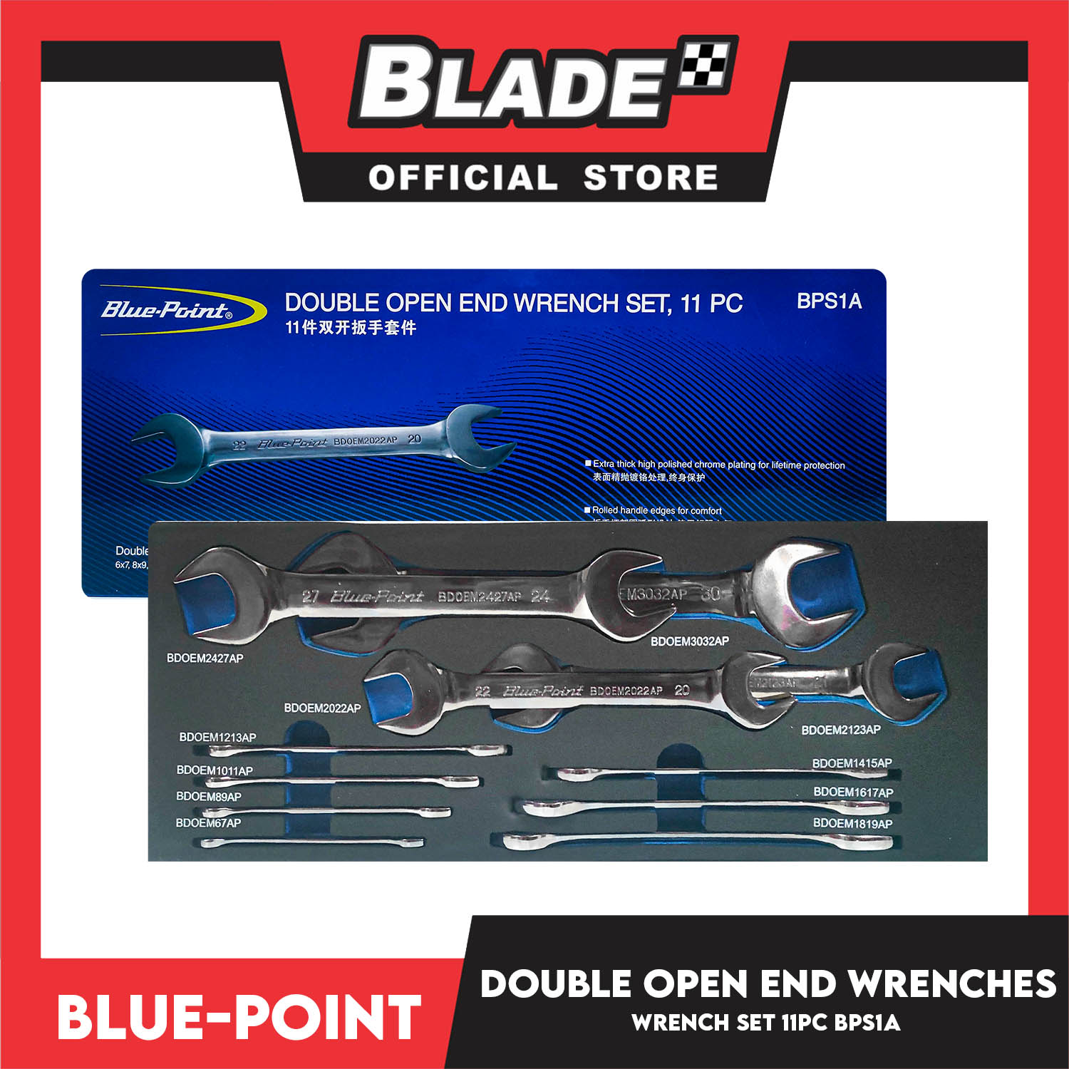 BluePoint Double Open End Wrench Set (BPS1A) Set Of 11pcs, Extra Thick