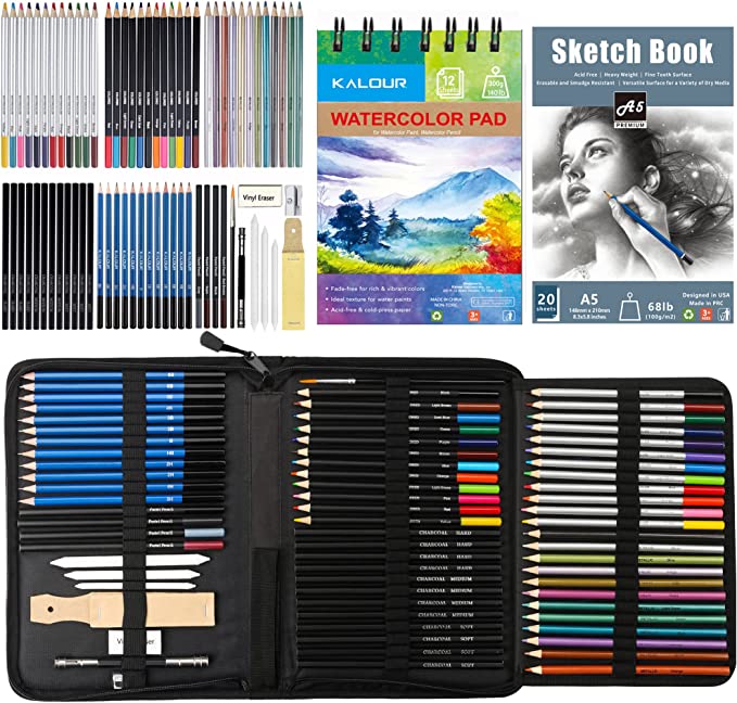 Kalour 74 Drawing Sketching Kit Set - Pro Art Supplies with Sketchbook &  Watercolor Paper - Include  Watercolor,Graphite,Colored,Metallic,Pastel,Charcoal Pencil - for Artists  Beginners Adults Teens