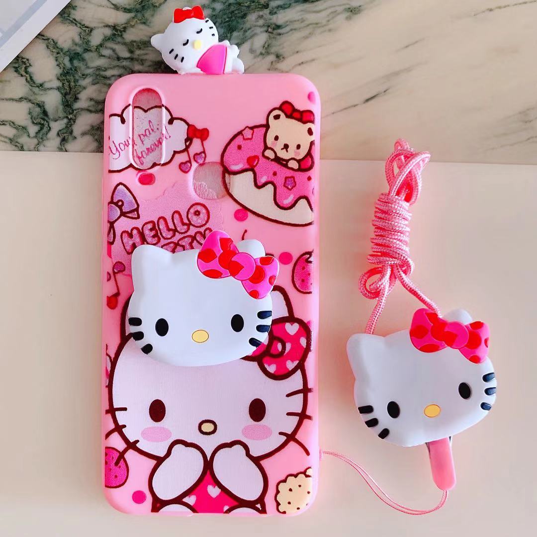 For Vivo Y11 Case Vivo 1906 '' New Cute Cartoon Hello Kitty Silicone  TPU Soft Phone Case for VivoY11 case with Air pop stand with neck lanyard  holder phone back cover case
