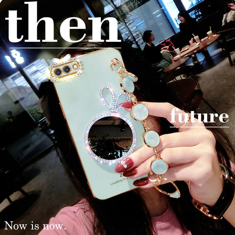 AnDyH Precise camera protection case For OPPO A3S A12E Realme C1 cases Bunny makeup mirror with gemstone bracelet