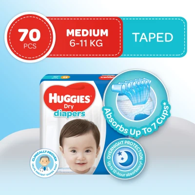 Huggies Dry Medium (6-11 kg) -70 pcs x 1 pack (70 pcs) - Tape Diapers
