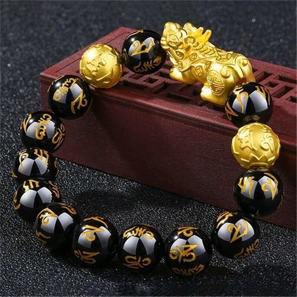 WUSUOGU Stretchable Elastic Lucky Amulet Handmade Blessing Black Bead Wristbands Obsidian Bangle Golden Pixiu Bracelet Black Obsidian Bracelet