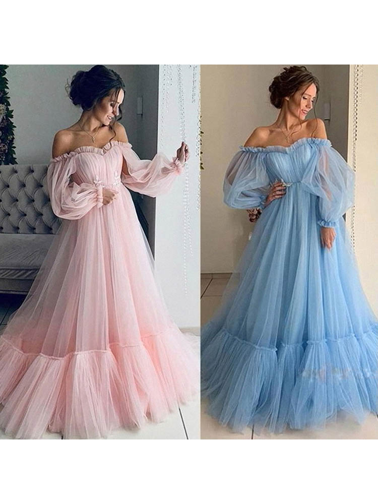 Pink Blue Prom Dresses Long Sleeve Off The Shoulder Gauze Princess Vestido  2021 Homecoming Ball Gown Formal Evening Party Robes | Lazada PH