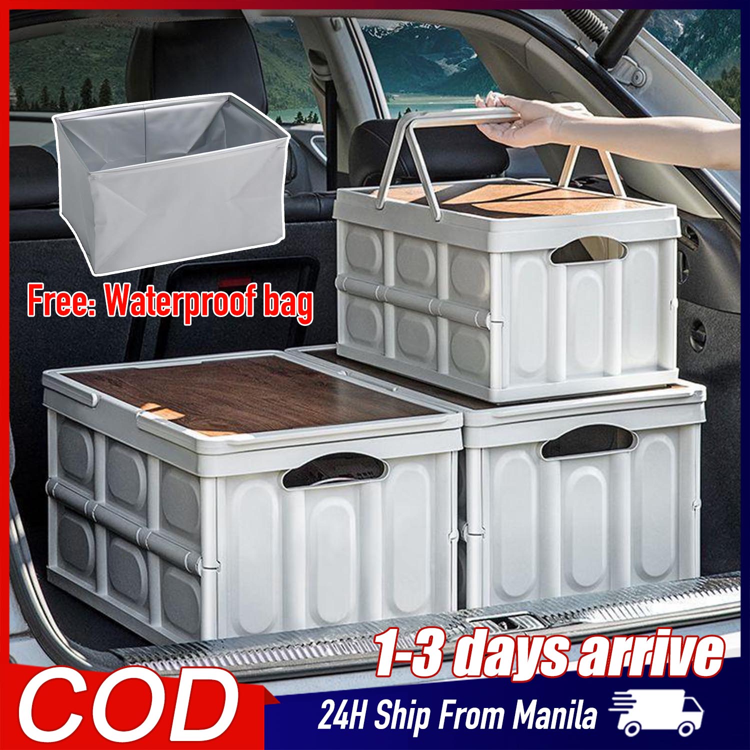 Foldable Storage Box Organizer for Outdoor Camping Picnic Home Collapsible  Multifunction Plastic Storage Box Wardrobe Organisers Space Savers Car  Trunk Organizer Storage with Wooden Cover and Waterproof Bag Lazada PH