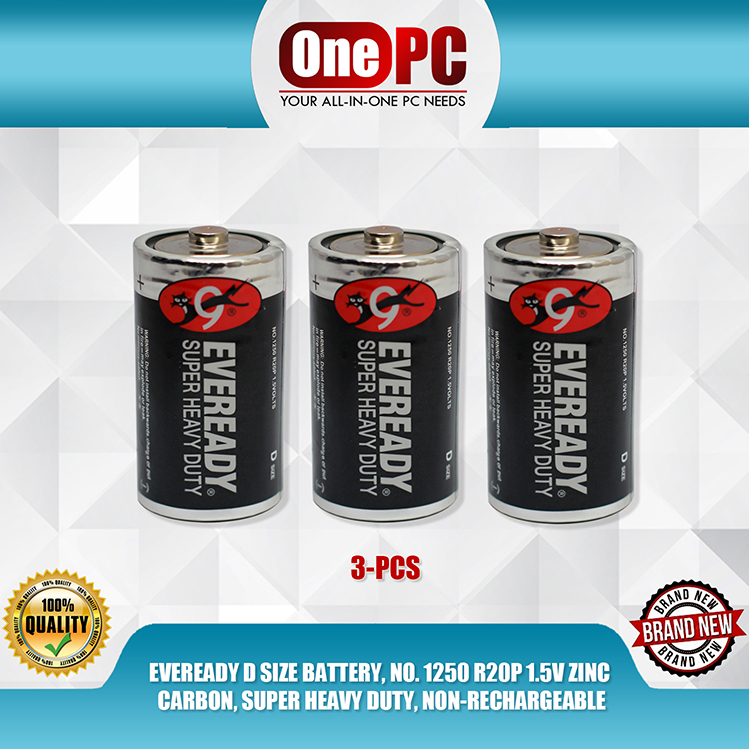 EVEREADY D SIZE BATTERY, NO. 1250 R20P 1.5V ZINC CARBON, SUPER HEAVY