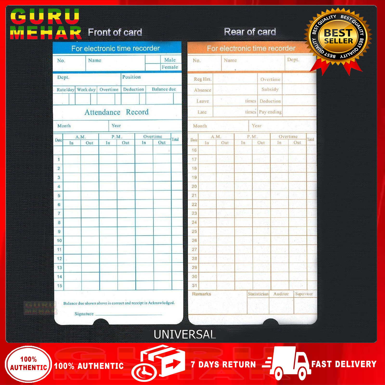 GURU MEHAR ELECTRONIC TIME CARD (Pack of 50 Pieces) Universal