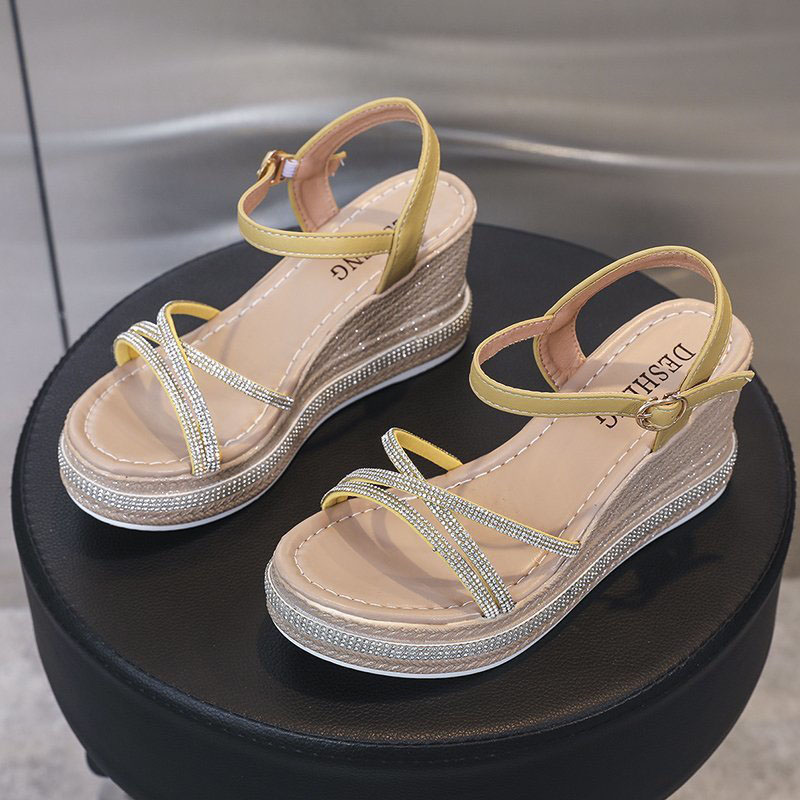 WOMENS FASHION WEDGE SANDALS RATTAN MATERIAL WITH RHINESTONE DETAILS