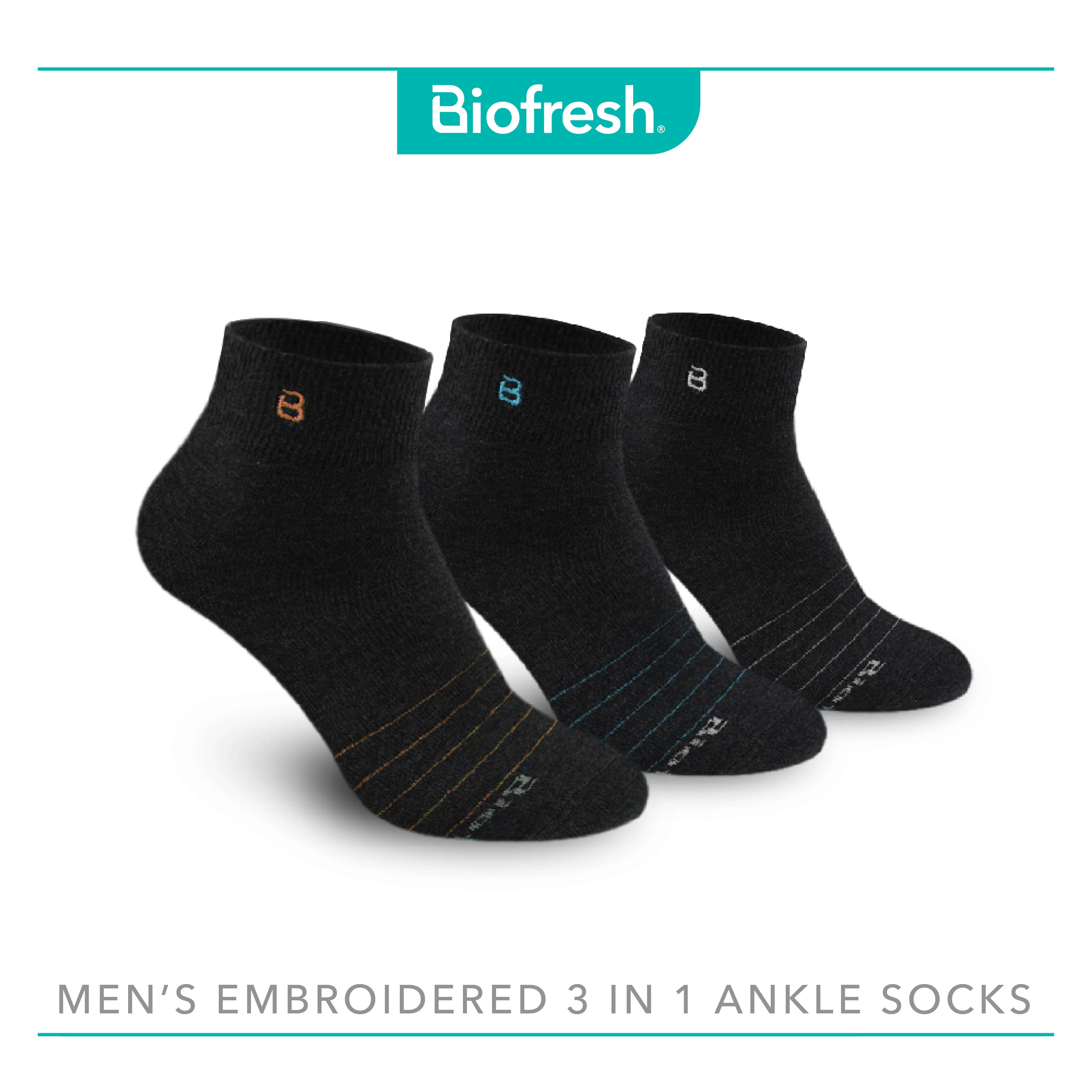 Biofresh Men's Antimicrobial Embroidered Cotton Lite Casual Ankle Socks 3  pairs in a pack RMCEG1