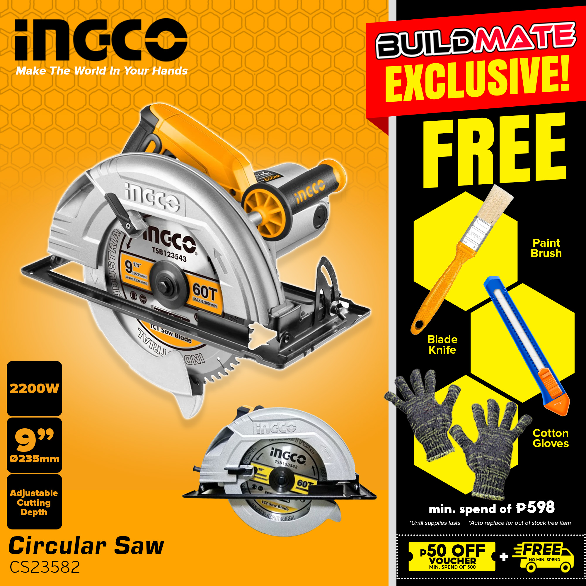 INGCO Industrial Circular Saw 9" 2200W CS23582 BUILDMATE IPT