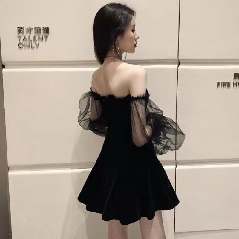 PM✿ Mesh Long Sleeve Dress Female Celebrity Temperament Thin Waist-in Mid  Length Puffy Skirt