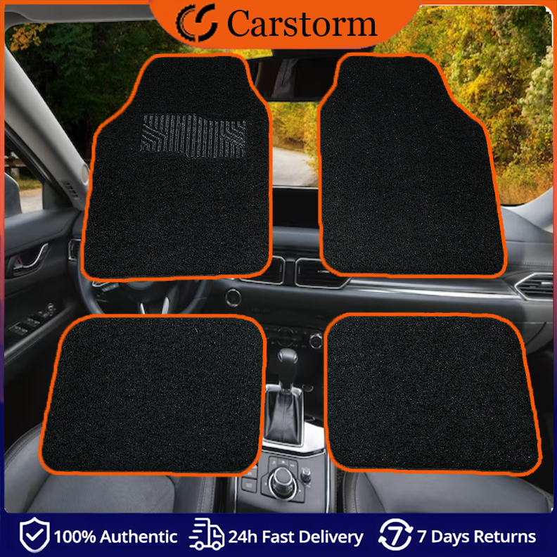 AUTO IN MOTION FIAT 500 Universal Car Floor Mats – Black Carpet With Yellow Trim (Front & Rear)
