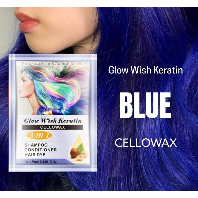 Original 100 (Blue Color)Glow Wish Keratin Cellowax 3IN1 Shampoo Conditioner Hair Dye 30ml