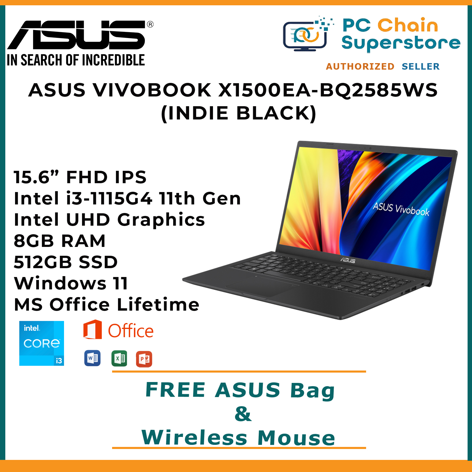 Asus Vivobook X1500ea Bq2585ws Indie Black Laptop 156 Full Hd Ips Intel I3 1115g4 8gb 6752