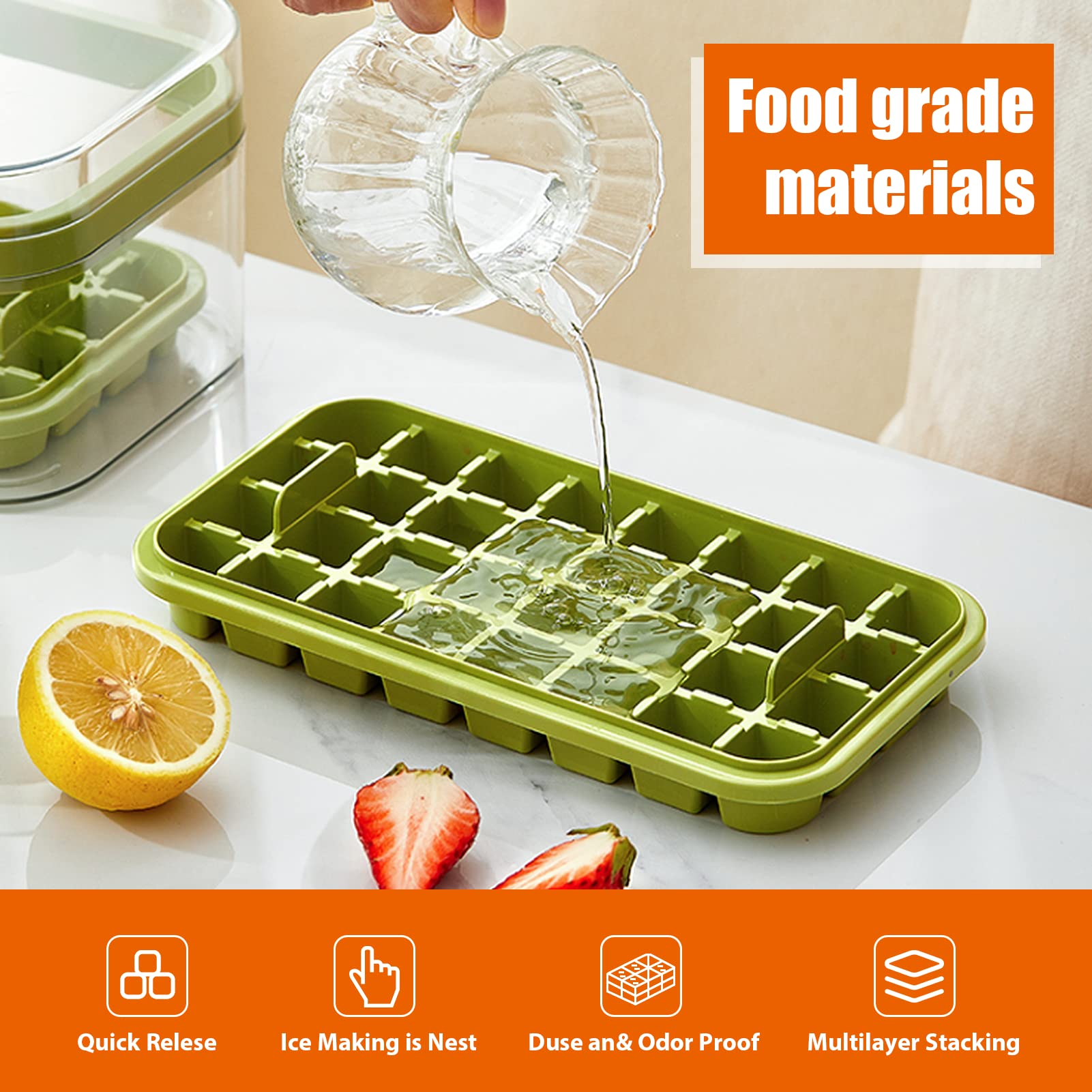 Ice Cube Tray for Freezer 2 * 32 Ice Trays Molds with Bin and Press Lid  Fea