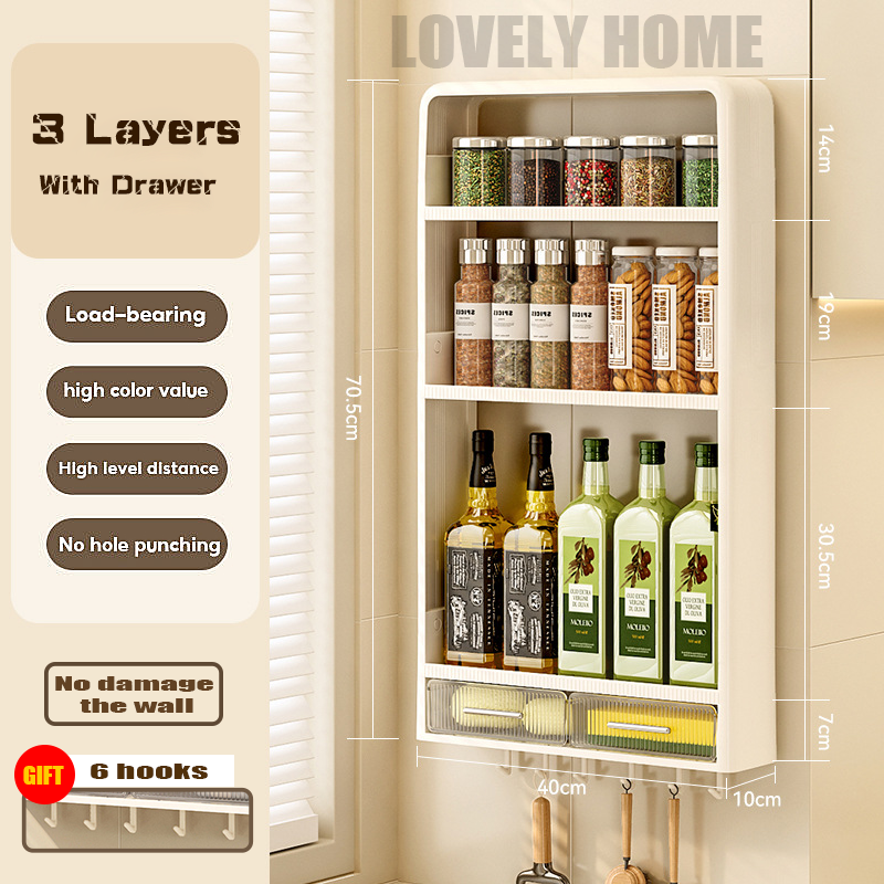 2/3 Tier Wall Mounted Kitchen Storage Shelf With Drawer Spice Rack Kitchen Condiments Racks