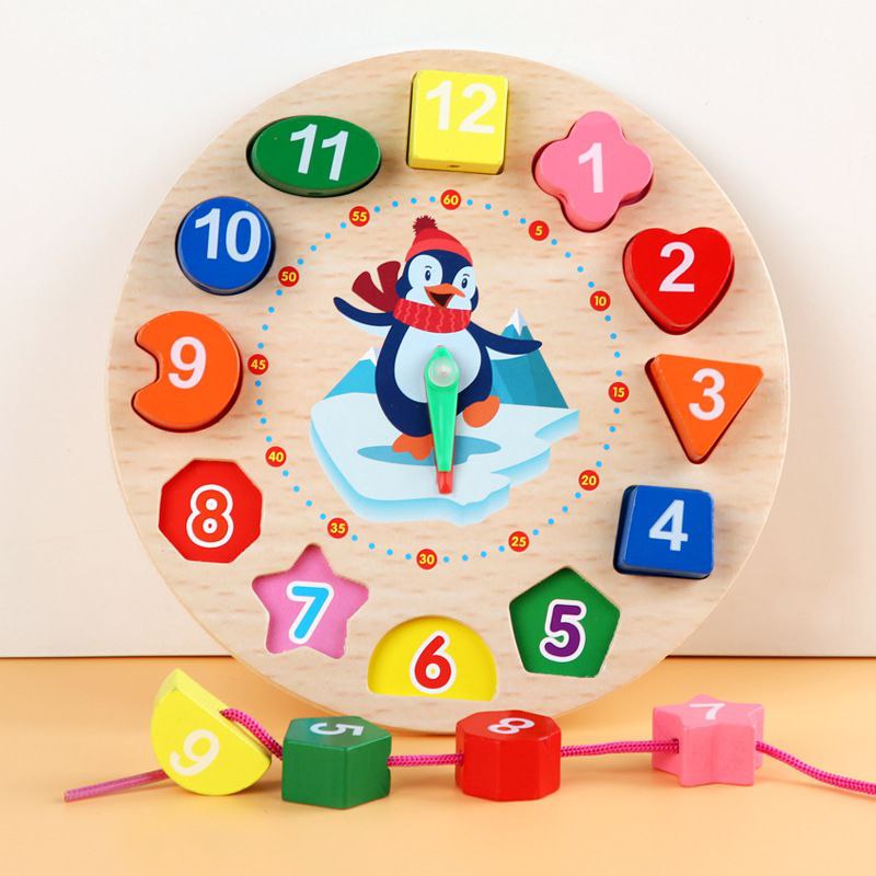 Wooden Threading Clock Wooden Clock Shape Sorter Educational Toy