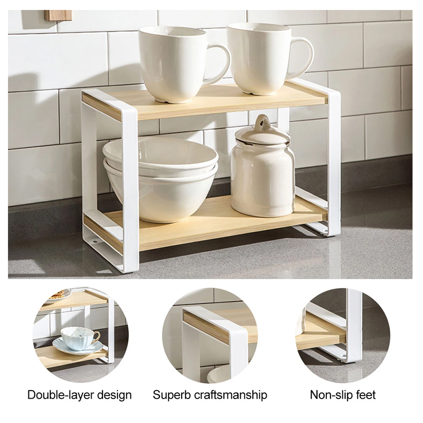 GHomeMNL 2 Tier Wooden Kitchen Organizer Countertop Shelf Rack Display