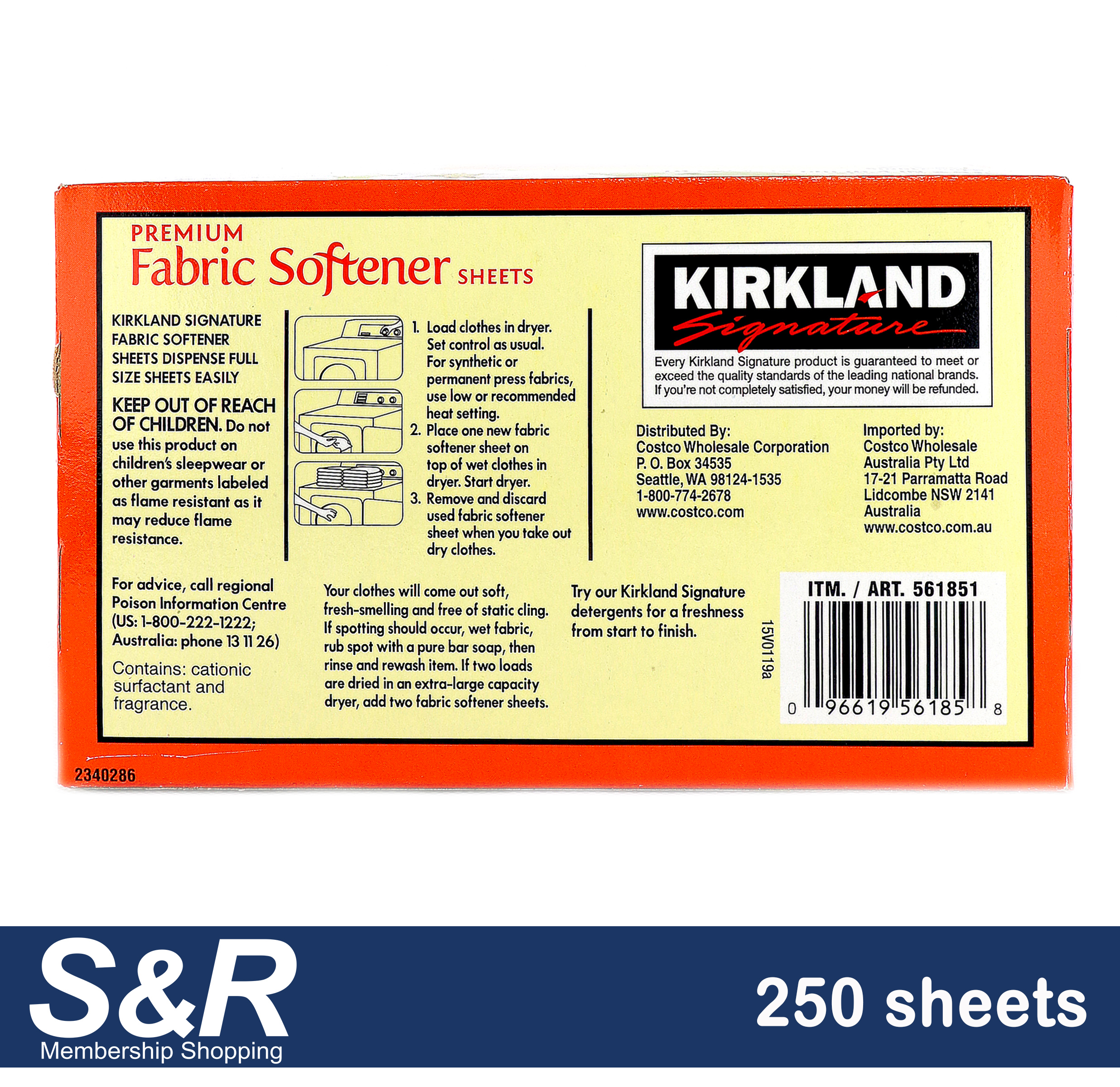 Kirkland Signature Premium Fabric Softener Sheets Refreshing Scent 250