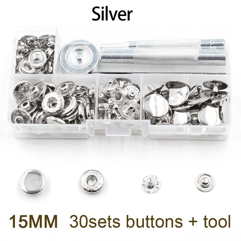 P5u7 30 sets Jeans Decorative Buttons +Manually Install Tools Boxed Metal Buttons Snaps Rivets 15mm Snap Buttons DIY Accessories