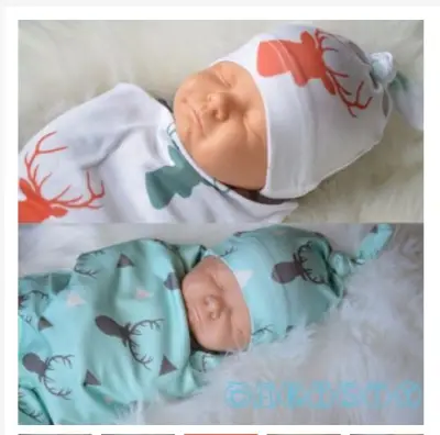 2 pc Baby Newborn Swaddle Blanket Hat Cap Bonnet Wrap Receiving Towel Infant Boy Deer Printed Cotton