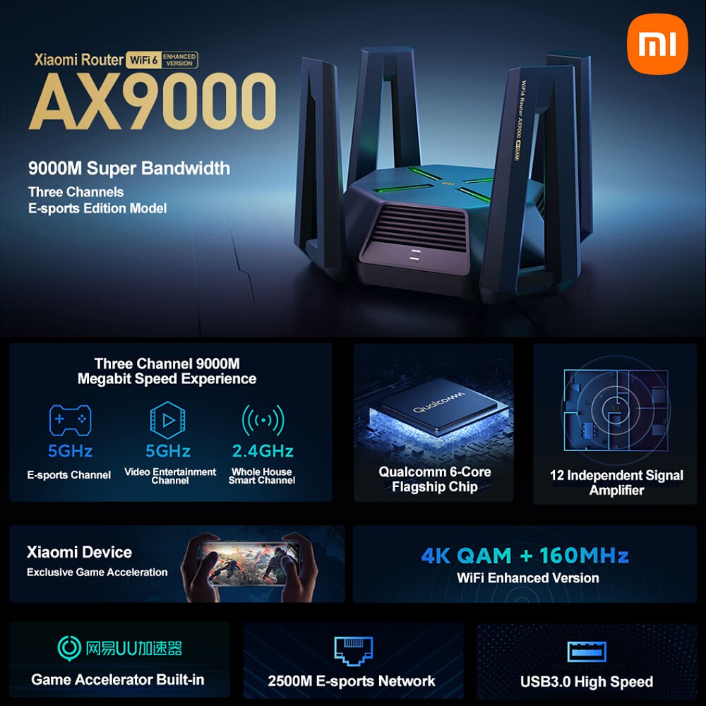 Xiaomi AX9000 เราเตอร์ 2.4g/5g เกม 3 ช่อง wifi 6 รุ่นปรับปรุง 4 core ...