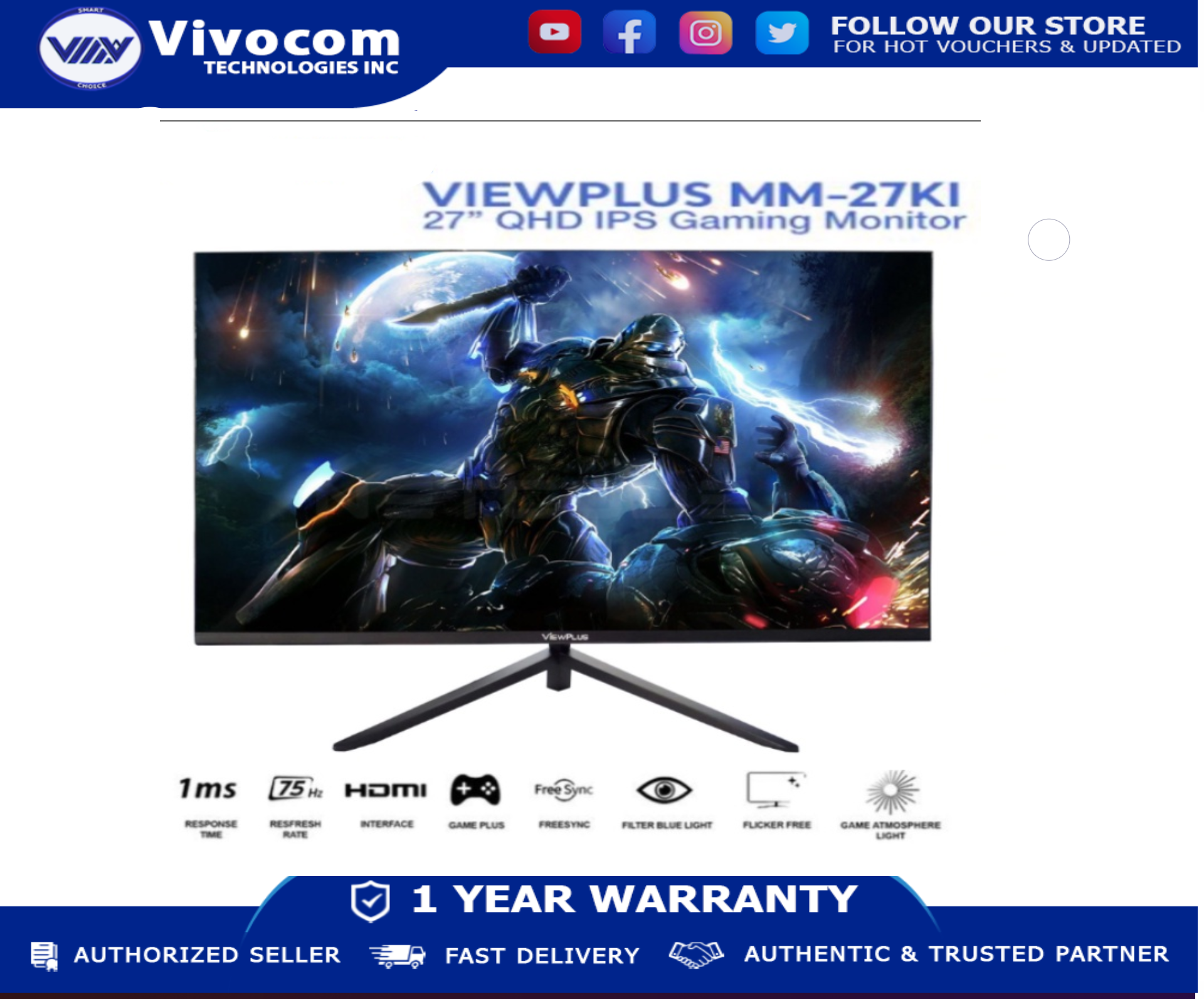 ViewPlus MM27KI 27" 75Hz 2K Buildin Speaker Flickerfree AMD Freesync