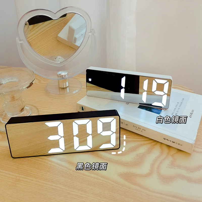 Miễn phí vận chuyển cod nhật bản đơn giản đen trắng gương led điều khiển bằng giọng nói đồng hồ báo thức ký túc xá đầu giường để bàn đồng hồ kỹ thuật số nhiệt độ lịch đồng hồ điện tử