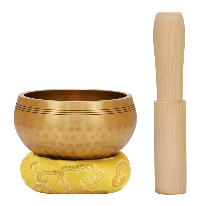 Tibetan Singing Bowl Set Handcrafted Metal Brass Bowls with Hammered Mallet Silk Cushion for Meditation Yoga Heart Peace