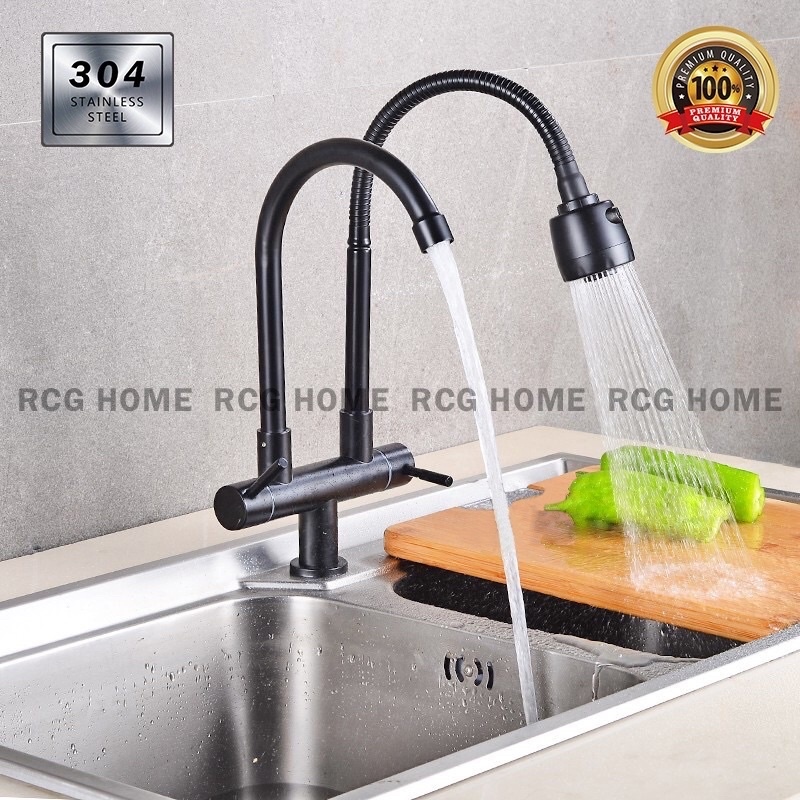 SUS304 Stainless Steel Black Double Dual Kitchen Faucet Flexible Single ...