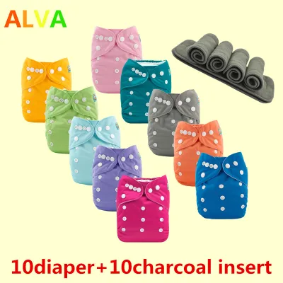 ALVA Baby 10PCS Solid Color Cloth Diapers + 10PCS 4layers Bamboo Charcoal Inserts One Size Reusable Washable Pocket 3.0 Nappies