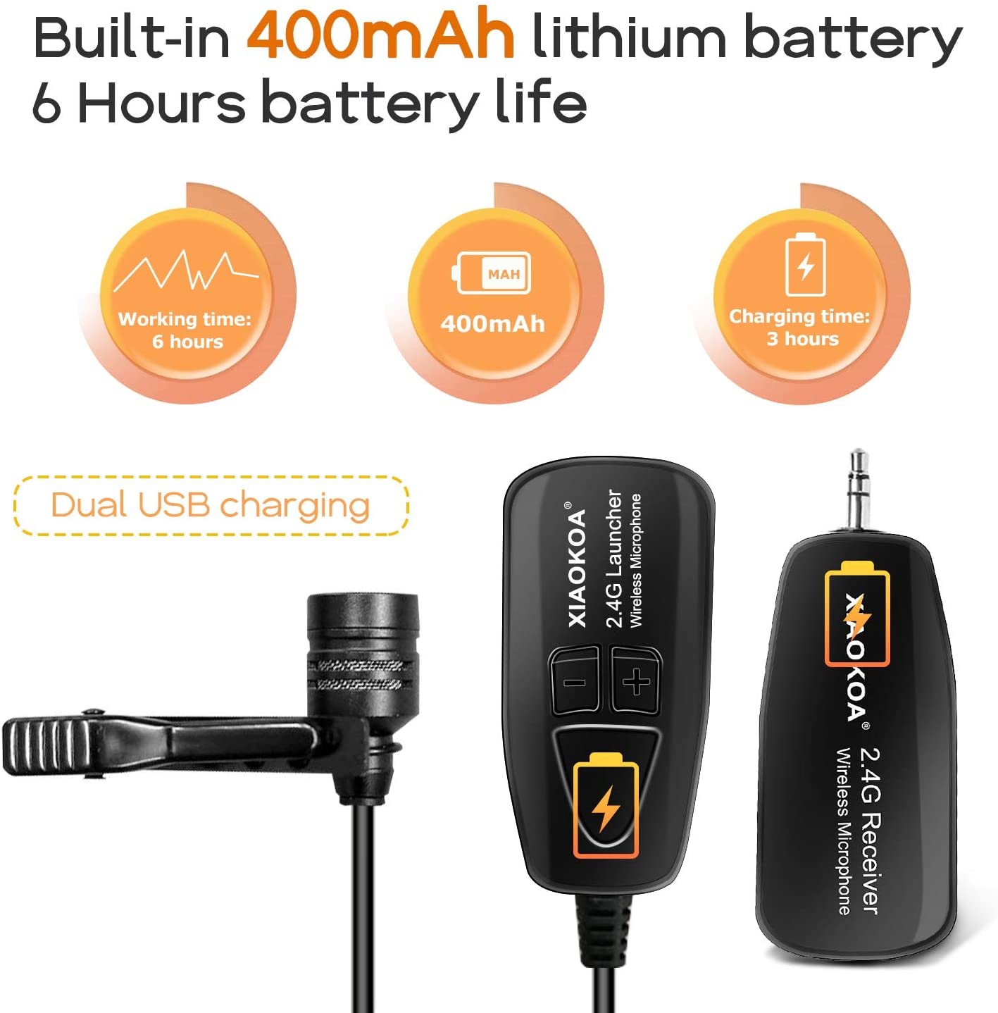 XIAOKOA Wireless Lavalier Microphone 2.4G Wireless Microphone System with Lavalier Lapel Mics Transmitter&Receiver for Conference  Speaker, Teaching, Tour Guiding, Stage Performance