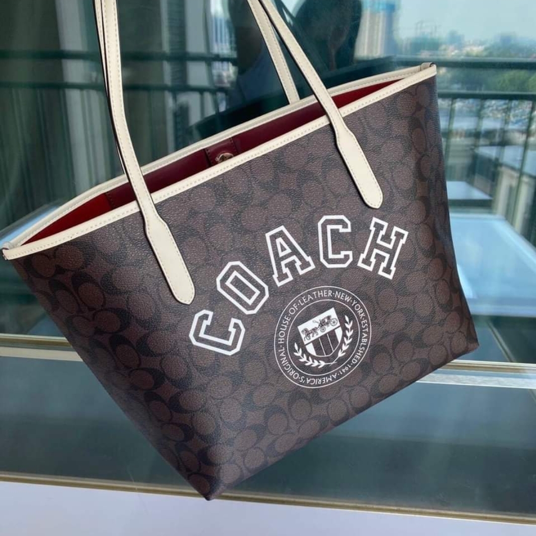 NWT COACH City Tote In Signature Canvas With Varsity Motif CB869  Im/Brown/Chalk