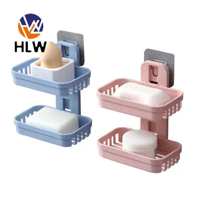 HLW Double Layers Wall Mounted Soap Box Bathroom Strong Suction Cup Soap Holder Storage Rack(1pc)