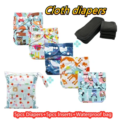 Baby 5PCS Cloth Diapers With 5PCS 4layers Bamboo Charcoal Inserts One Size Reusable Washable Pocket 3.0 Nappies fit 3-15kg baby