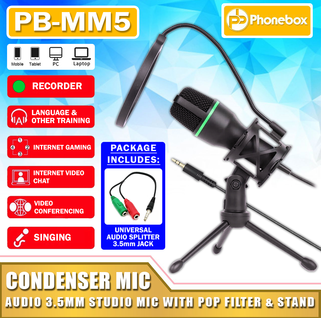 PBMM5 3.5mm Condenser Microphone With Tripod Stand + Pop Filter