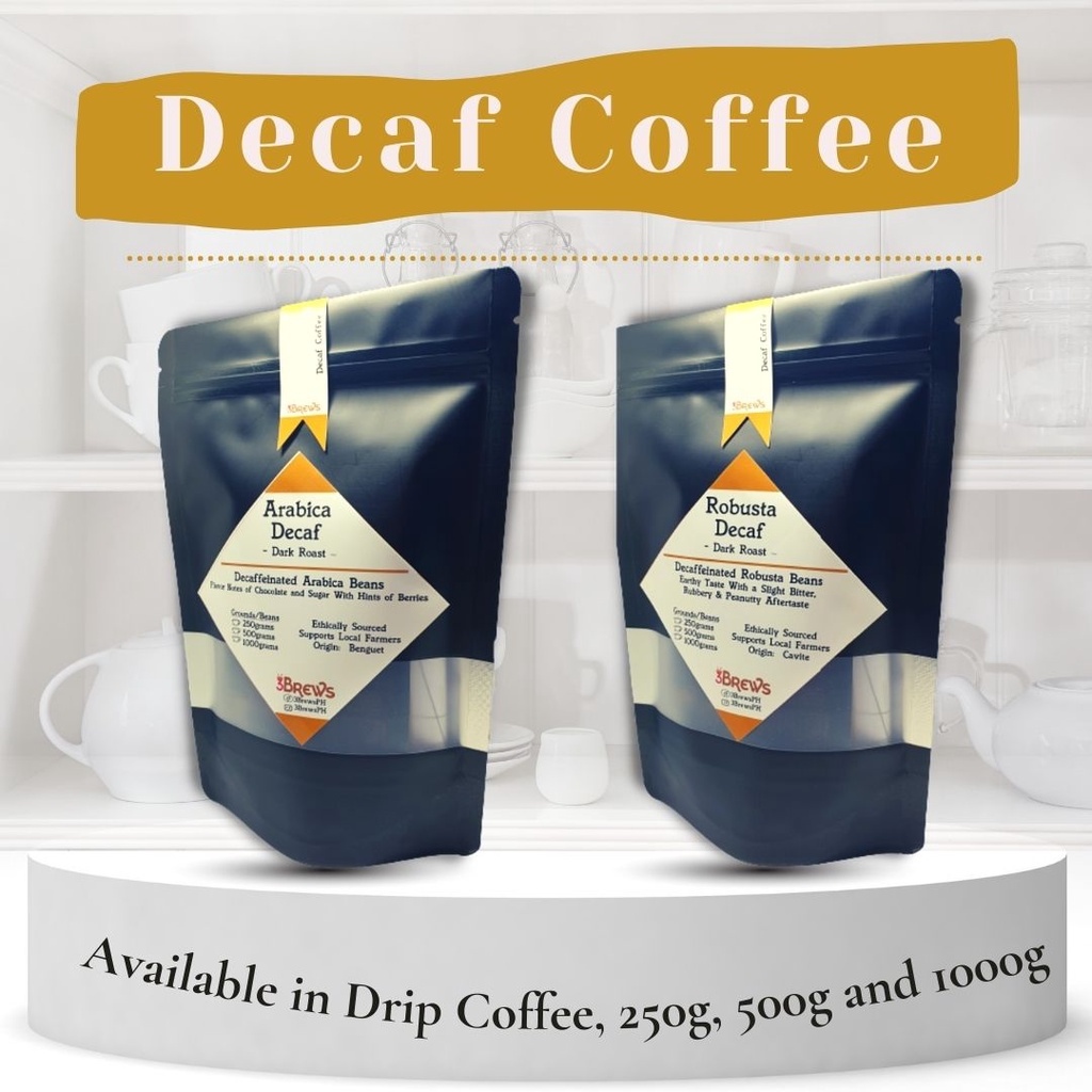 3Brews Robusta Decaf Decaffeinated Coffee Grounds and Beans Ground