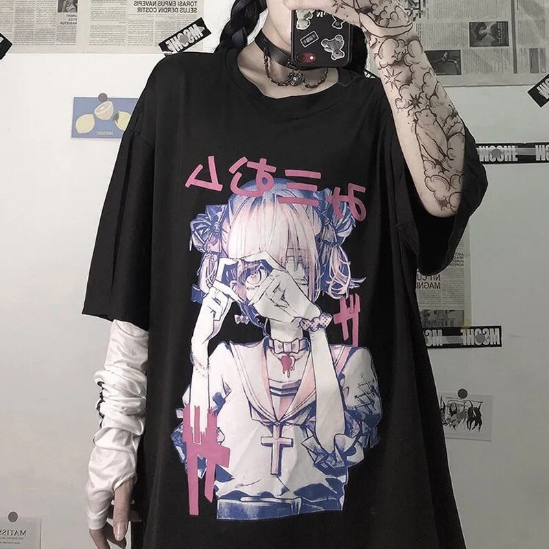 Compre Harajuku Sweet Heart Print Y2k Mulheres T-shirt Anime Carta Kawaii  Tops verão Mangas Curtas Ins Tees Estética Roupa Feminina