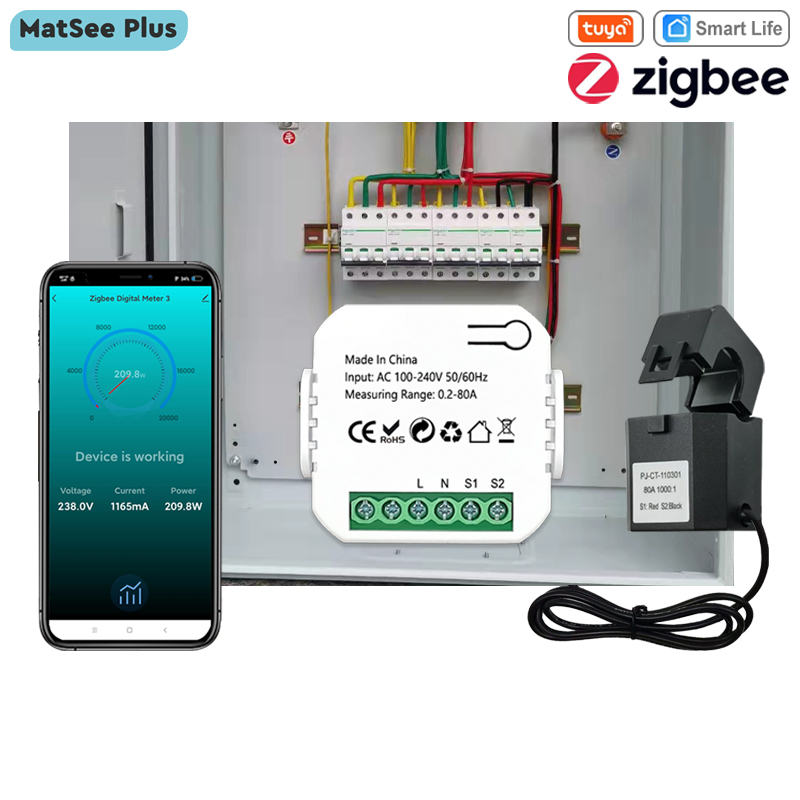 Tuya Smart ZigBee Energy Meter 80A with Clamp App Monitor KWh Voltage