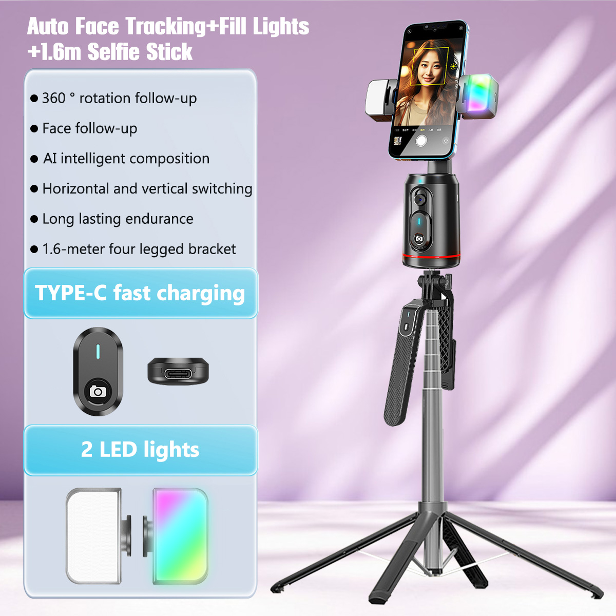 160cm Gimbal Tripod For Phones – 4-in-1 Stabilizer With Face Tracking, Fill Light & Remote