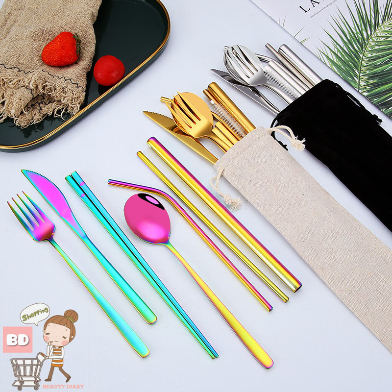 Creative 8IN1 Korean Knife Chopsticks Spoon Fork Straw Set Metal