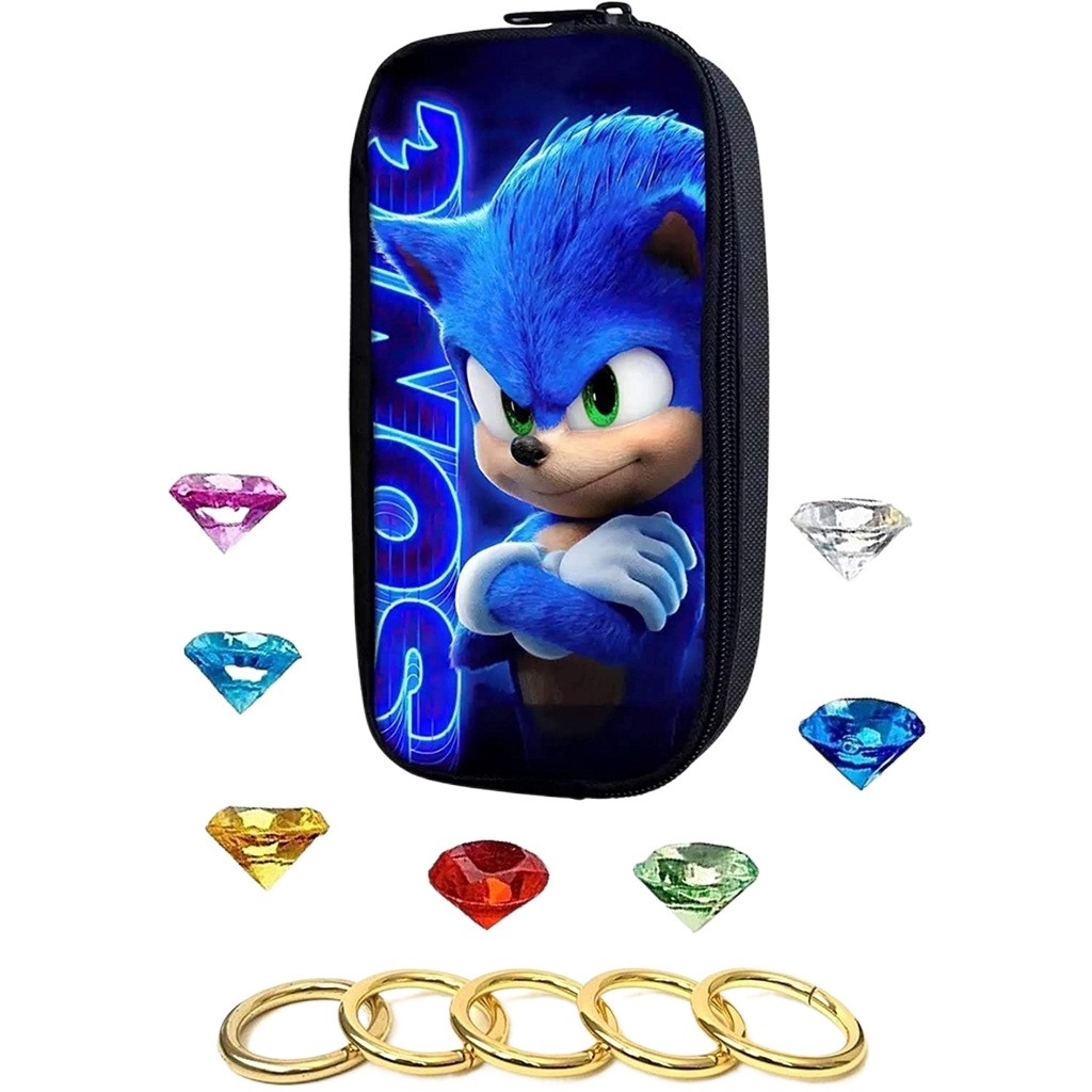 Sonic Pencil Case Seven Sonic Chaos Emeralds Gems and Five Sonic Power