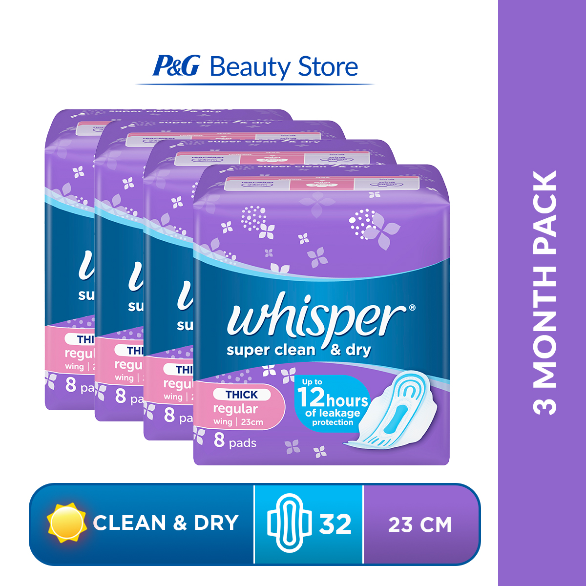 [3 MONTH PACK] Whisper Super Clean & Dry Sanitary Napkin with Wings (8