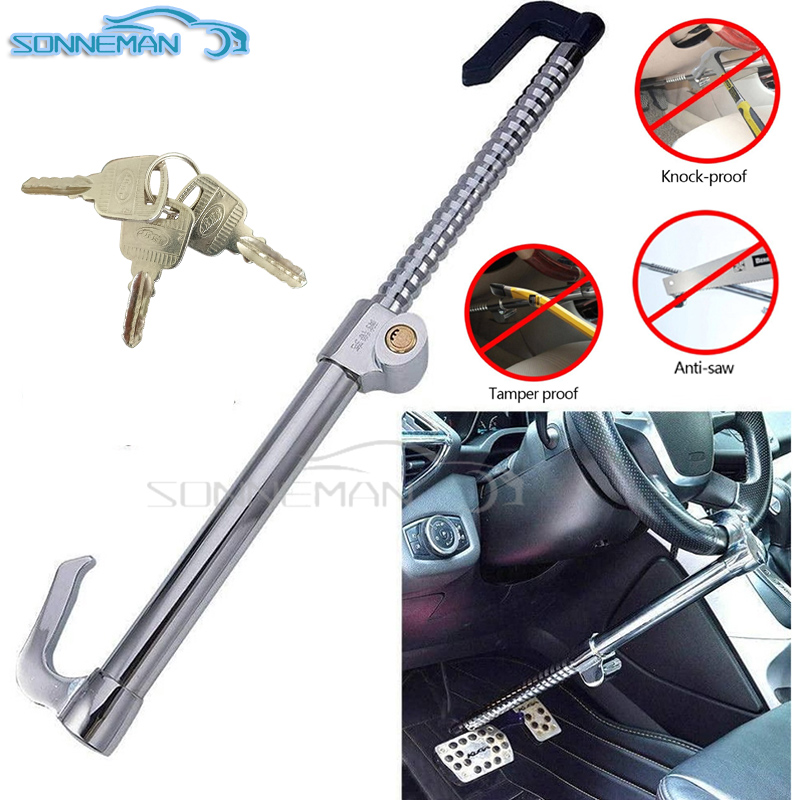 ROADGIVE Car Steering Wheel Lock - Heavy Duty Anti-Theft Steering Wheel Lock Retractable Steering Lock Double Hook Universal Fit Emergency Hammer Window Breaker With 3 Keys For Auto/Truck/SUV (Black