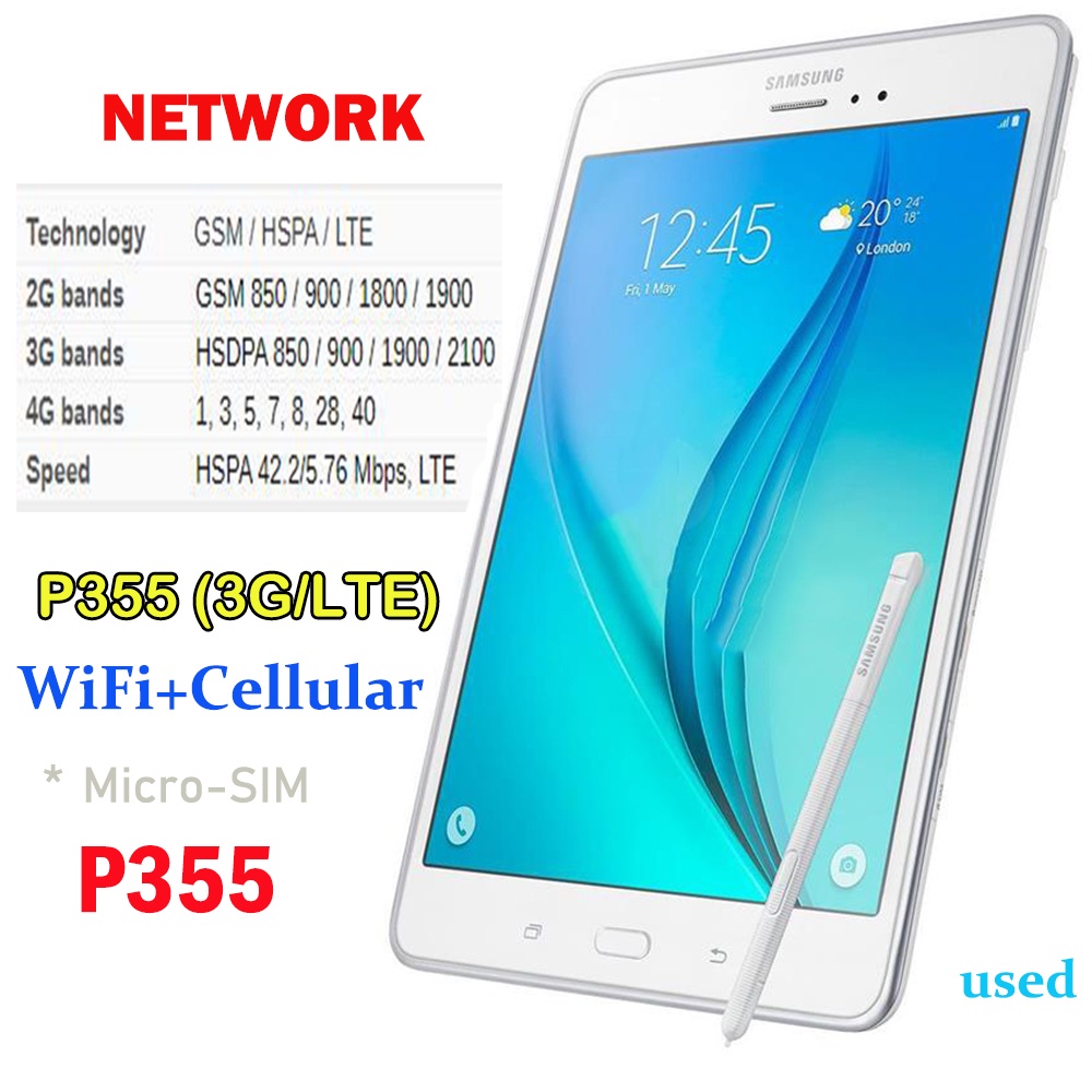 Tablette Samsung Galaxy Tab A 4G SM-P355c Avec S Pen, Écran 8, 16Go,  Caméra 5MP, GPS, Android 5.0, Processeur Quad Core 1,2 Ghz