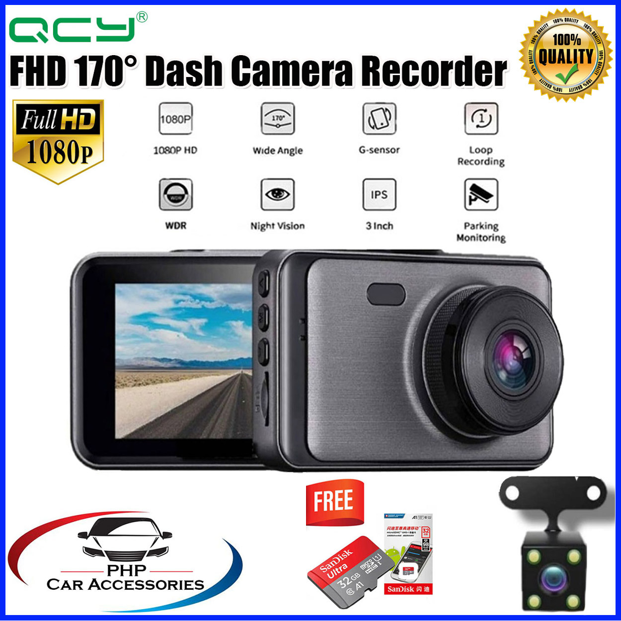 QCY 3 Inch Dash Cam Wi-Fi Recorder 170 Degree Wide Angle Car Camera ...