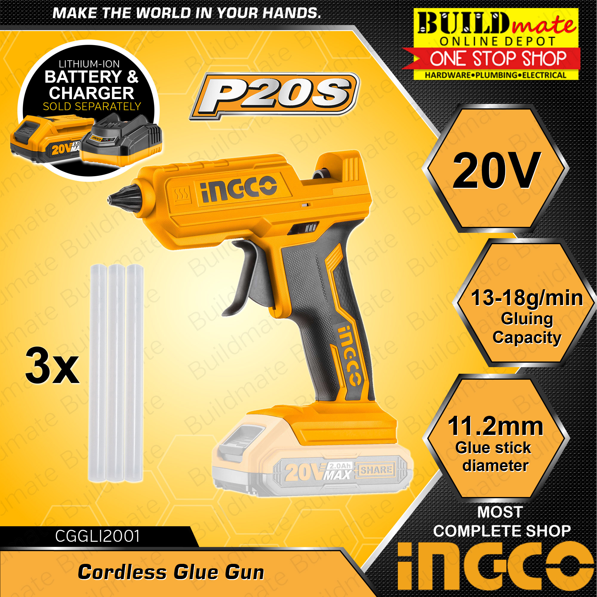 INGCO Cordless Glue Gun 20V CGGLI2001 with BATTERY & CHARGER POWERSHARE