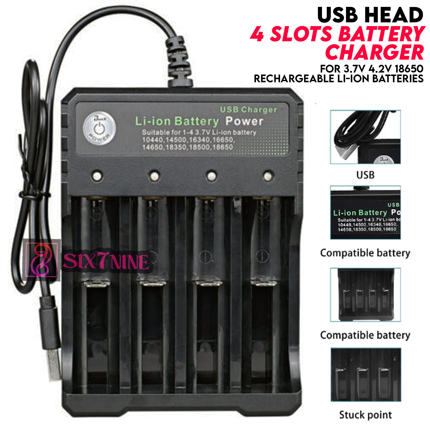 Battery Charger For 3.7V 18650 Batteries 4 Ports Battery Charger With