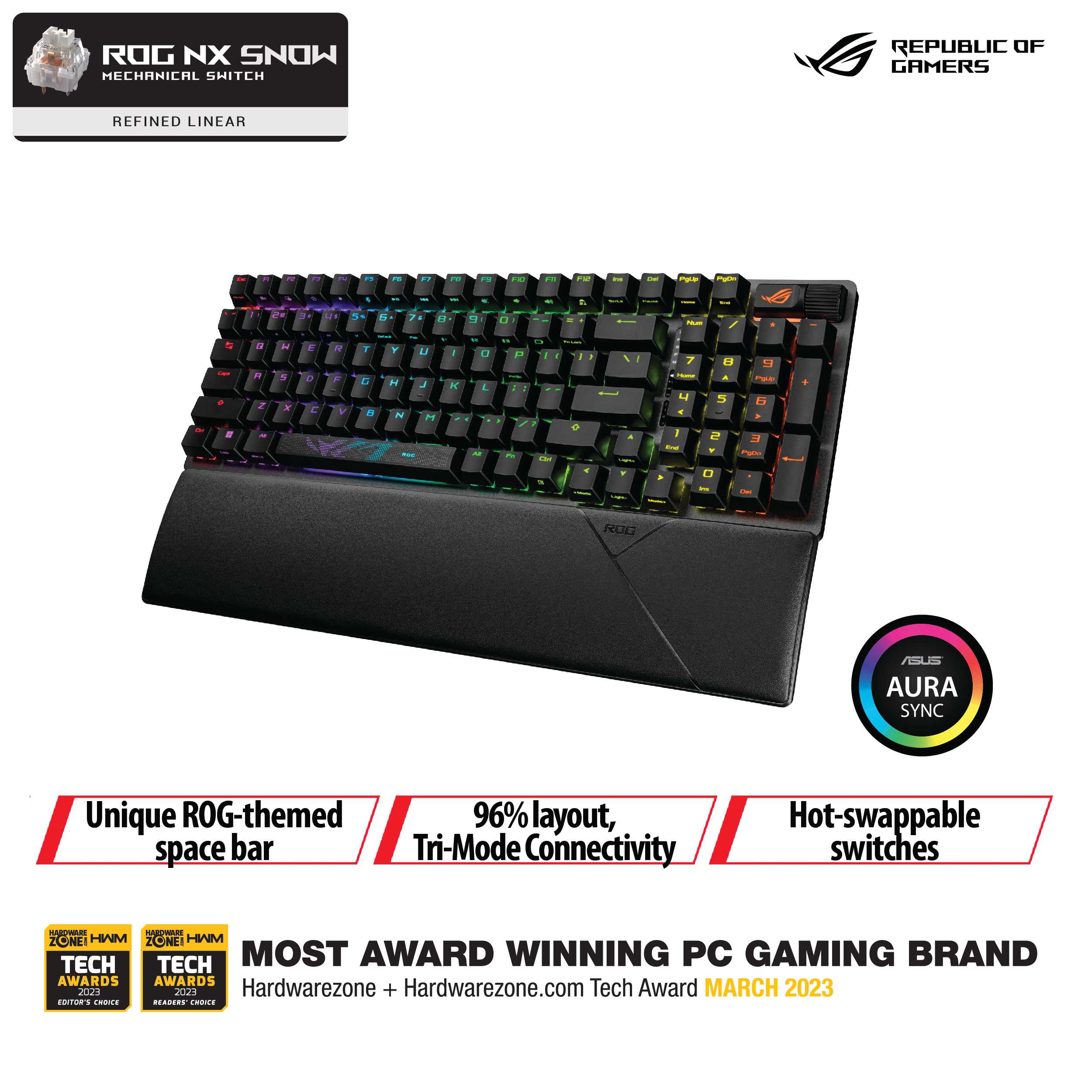  ASUS ROG Strix Scope II 96 Wireless Gaming Keyboard, Tri-Mode  Connection, Dampening Foam & Switch-Dampening Pads, Hot-Swappable Pre-lubed  ROG NX Snow Switches, PBT Keycaps, RGB-Black : Electronics