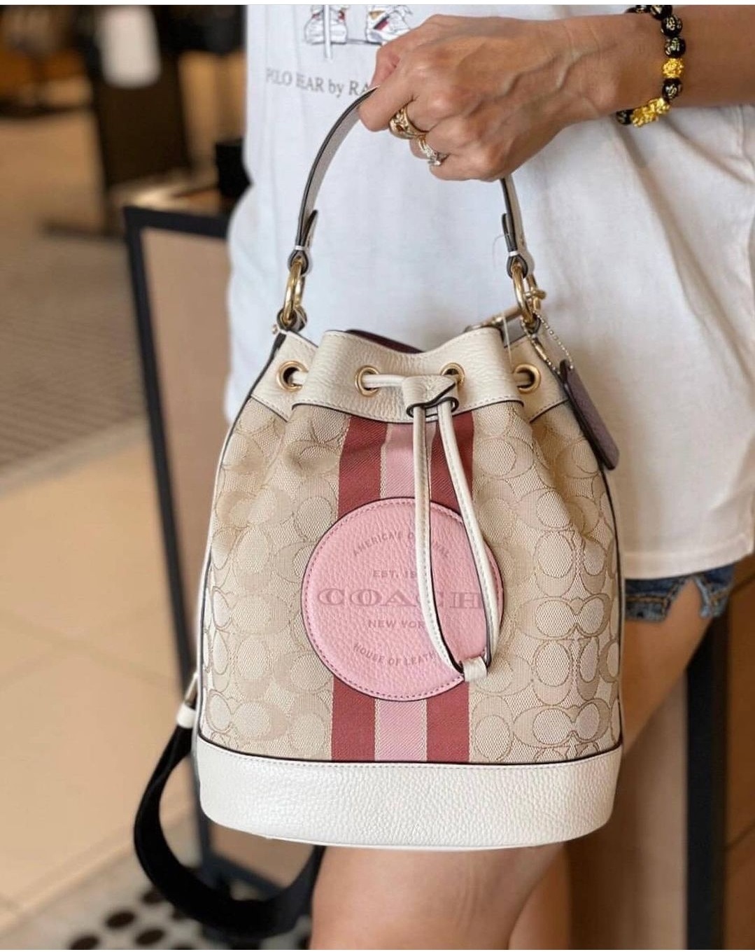 Coach Dempsey Bucket Bag 19 In Signature Jacquard With Stripe And Coach